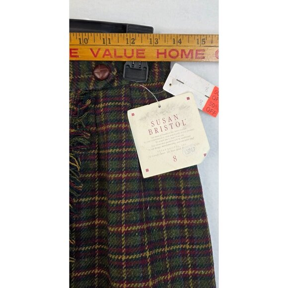 Tartan Plaid Fringe Wrap Skirt Wool Size 8 Susan Bristol Earthy Rustic Deadstock - Picture 7 of 8